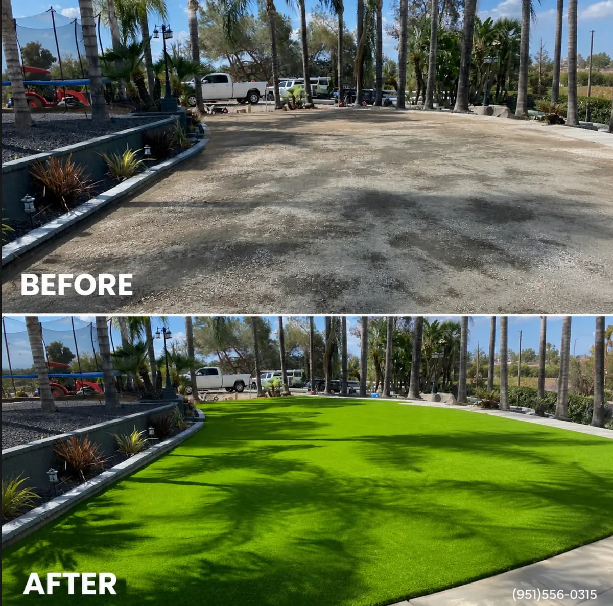 Before and after an artificial grass installation in Perris, CA