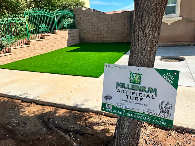 Millenium Artificial Turf yard sign on a finished lawn in Perris, CA